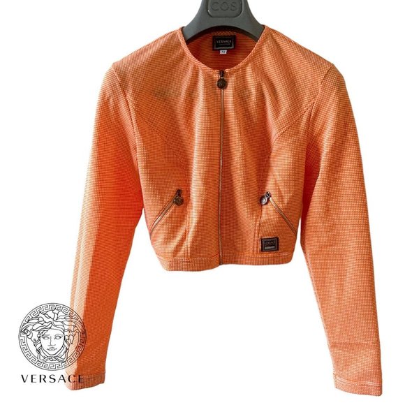 versace jeans couture y2k collarless zippered zip up orange jacket size M - Picture 1 of 4